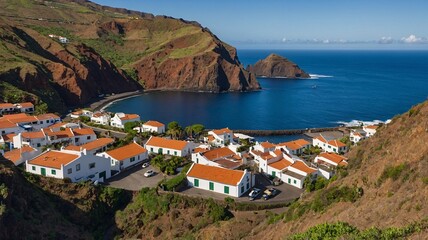 Aerial view of a picturesque coastal village with white houses and red roofs nestled among green hills by the blue ocean.