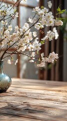 A bright and cozy interior scene showing a ceramic vase filled with colorful fresh flowers placed on a wooden table by a sunlit window, with soft natural light streaming in.
