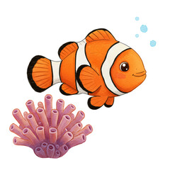 "Playful Clownfish Illustration: Vibrant illustration of a cheerful clownfish swimming alongside a colorful coral reef. The artwork exudes joy and underwater wonder.