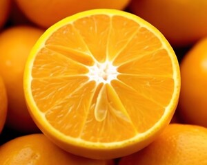 Fototapeta premium Close-up of orange cut in half surrounded by whole fruits 