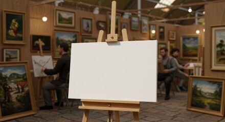 View of an art gallery with artists painting and blank canvas on an easel