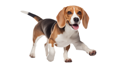 beagle dog with a tricolor coat, white muzzle, and floppy ears, standing with one paw raised on plain white background, radiating playfulness and charm isolated on transparent background png 