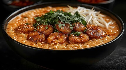 Delicious Shrimp Dish Topped with Herbs and Sprouts in a Black Bowl on Dark Background