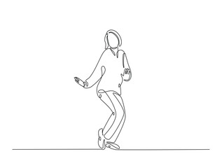 Continuous line art drawing of happy dancing girl. Nurse trendy girl stand happy celebrating pose expression in one line drawing illustration. Editable stroke.