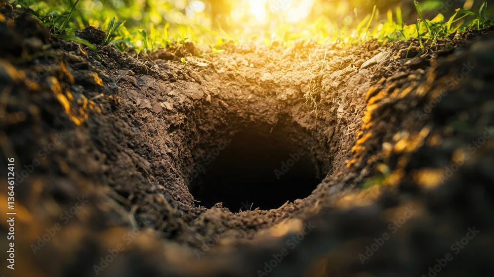 Aufkleber a soft focus image of a rabbit hole in the earth, with a slight glimpse of light peeking through.
