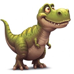 Fototapeta premium Cartoon green dinosaur with big eyes and a wide smile, standing on two legs with a striped tail and small arms. 