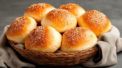 Wicker basket filled with fresh golden-brown sesame-seed topped hamburger buns ideal for summer barbecues and delicious meals for every occasion