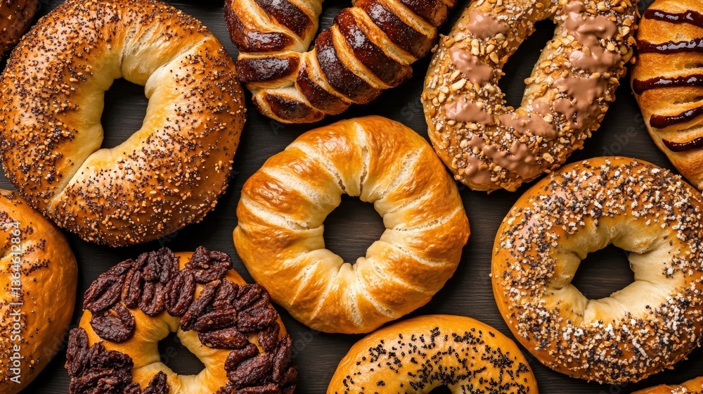 Poster a close-up overhead view of assorted bagels with unique toppings and textures arranged on a dark sur