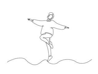 Fototapeta premium Continuous line art drawing of happy dancing girl. Nurse trendy girl stand happy celebrating pose expression in one line drawing illustration. Editable stroke.