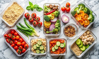 Flat-lay of healthy meal prep fresh vegetables and grains on marble countertop.