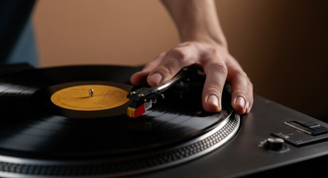 Hand of young caucasian male dj playing vinyl record on turntable