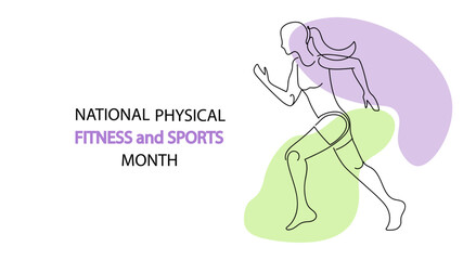 Woman runner for national physical fitness and sports month, girl running. healthy lifestyle and wellbeing. wellness week. Vector drawing continuous line art illustration.