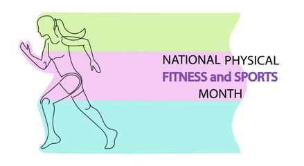 Woman runner for national physical fitness and sports month, girl running. healthy lifestyle and wellbeing. wellness week. Vector drawing continuous line art illustration.