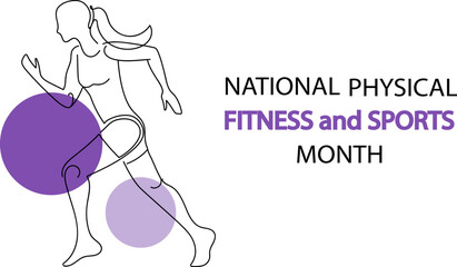 Woman runner for national physical fitness and sports month, girl running. healthy lifestyle and wellbeing. wellness week. Vector drawing continuous line art illustration.