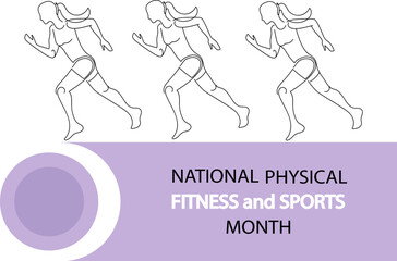 Woman runner for national physical fitness and sports month, girl running. healthy lifestyle and wellbeing. wellness week. Vector drawing continuous line art illustration.