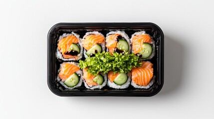 Food photography of a black plastic rectangular container filled with sushi rolls with salmon, avocado, cucumber, and soy sauce. Top view, have some space around, isolated on white background,