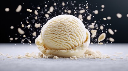 A Single Scoop of Creamy Vanilla Ice Cream on Gray Surface Surrounded by Light Pieces of Crushed Nuts or Cookie for a Sweet Dessert Plating Setup