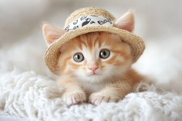 Cute orange kitten wearing a straw hat while resting on a soft blanket indoors