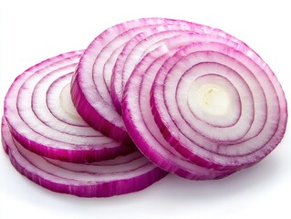 Sliced red onions arranged neatly on a clean surface