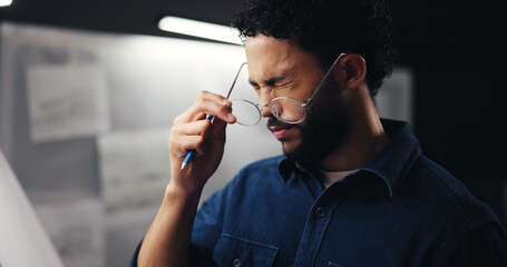 Architect, frustrated or headache with glasses for eye strain, pressure or overworked at office....