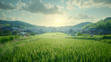 Fototapeta premium temple and city with a traditional rice planting festival