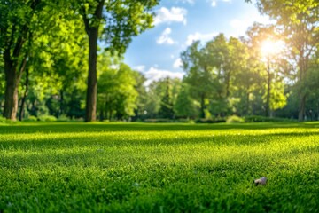 Obraz premium Vibrant green grass illuminated by sunlight in a serene park setting during late afternoon hours