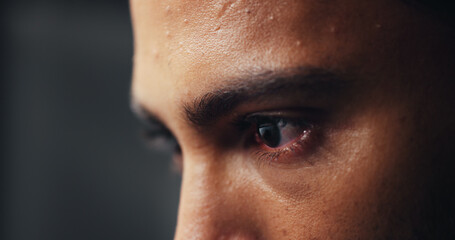 Eyes, man and serious with vision for anger, emotion or stress closeup. Determination, stare and...
