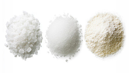Various types of salt and sugar displayed on a white surface