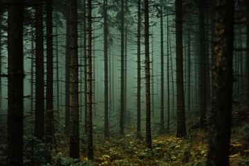 Fototapeta premium Misty forest landscape revealing tall trees and soft undergrowth during an early morning light