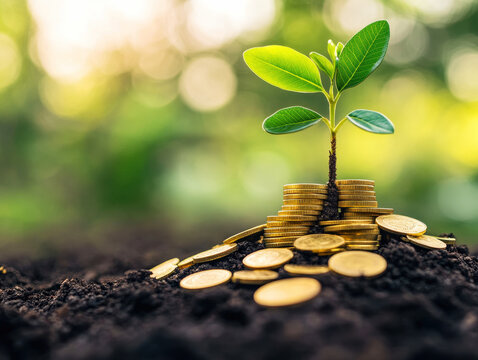 Growth of a plant among coins symbolizes financial prosperity - Powered by Adobe