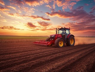 Fototapeta premium Tractor plowing field at sunset with colorful skies