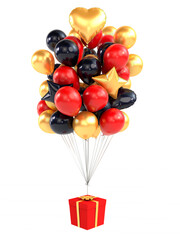 Set of balloons with gift on string. Gold, red and black colors. 3d rendering