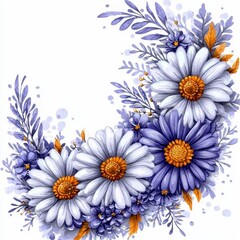 Obraz premium Delicate Watercolor Floral Corner Border Lavender and White Daisies