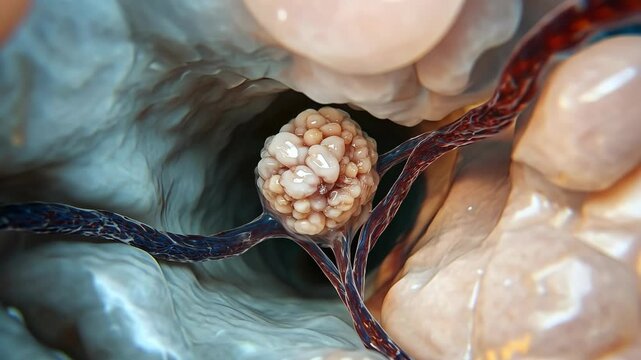 Visualization of cellular activity within a human digestive system highlighting nutrient absorption and cellular dynamics