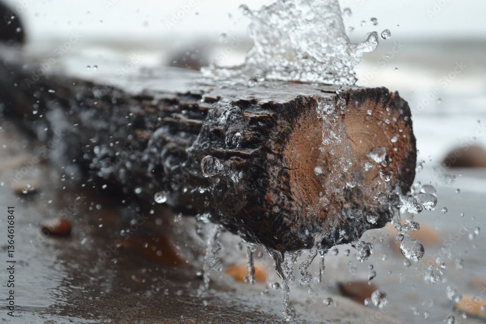 Poster Water splashes against a weathered log at the beach during a cloudy day, capturing the dynamic interaction of nature