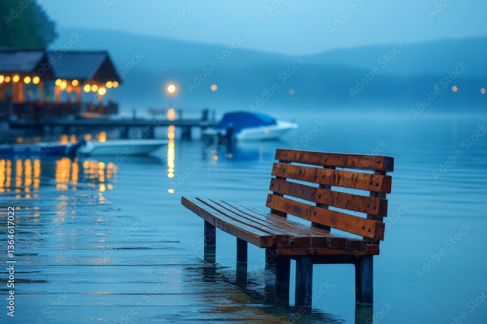 Aufkleber wooden bench at a serene lake during twilight with soft reflections and distant lights
