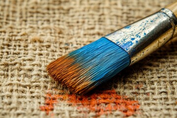 Fototapeta premium Brush with vibrant blue and orange paint resting on textured burlap fabric during an artistic project