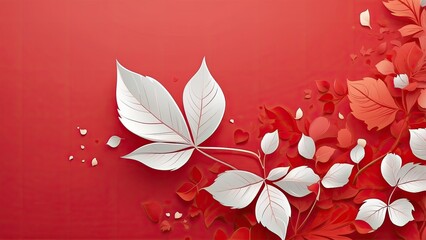 A vibrant, celebratory graphic featuring a gradient red background with scattered white and red maple leaves.