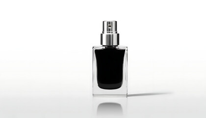 Elegant perfume bottle with dark liquid and silver atomizer on white