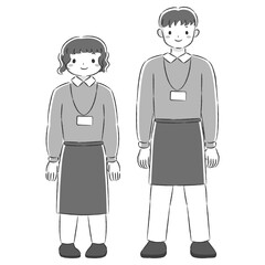 Obraz premium エプロンを付けた笑顔の男女の手描きイラストセット