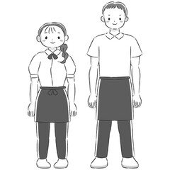 エプロンを付けた笑顔の男女の手描きイラストセット