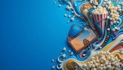 Abstract Movie Night Scene with Popcorn and Film Reels