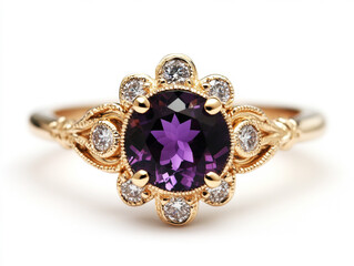 Vintage floral ring design featuring a purple gemstone in gold