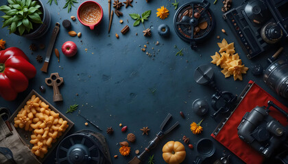 Autumnal Harvest Still Life: Dark Blue Background with Red Pepper and Pasta