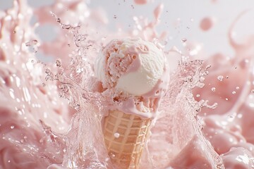 Fototapeta premium Refreshing ice cream scoop splashes in pink liquid, creating a fun and playful dessert moment