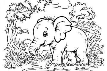 Cute elephant standing in a lush forest surrounded by greenery and trees on a sunny day in a playful and whimsical style