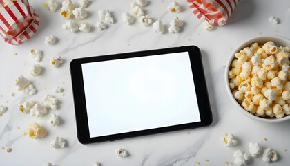 Blank Tablet Screen with Popcorn on Marble Surface