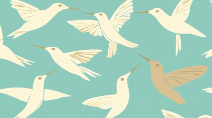 Flying Hummingbirds Teal Background Pattern.