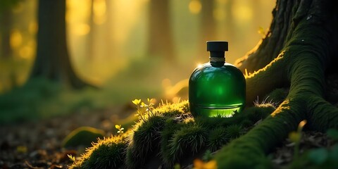A cinematic, atmospheric perfume advertisement featuring a deep-matte green glass bottle nestled within a mysterious forest setting
