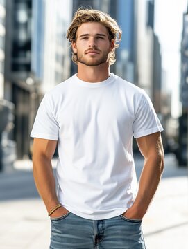 Junger Mann in wei&szlig;em T-Shirt posiert selbstbewusst in der Stadt, Mockup

